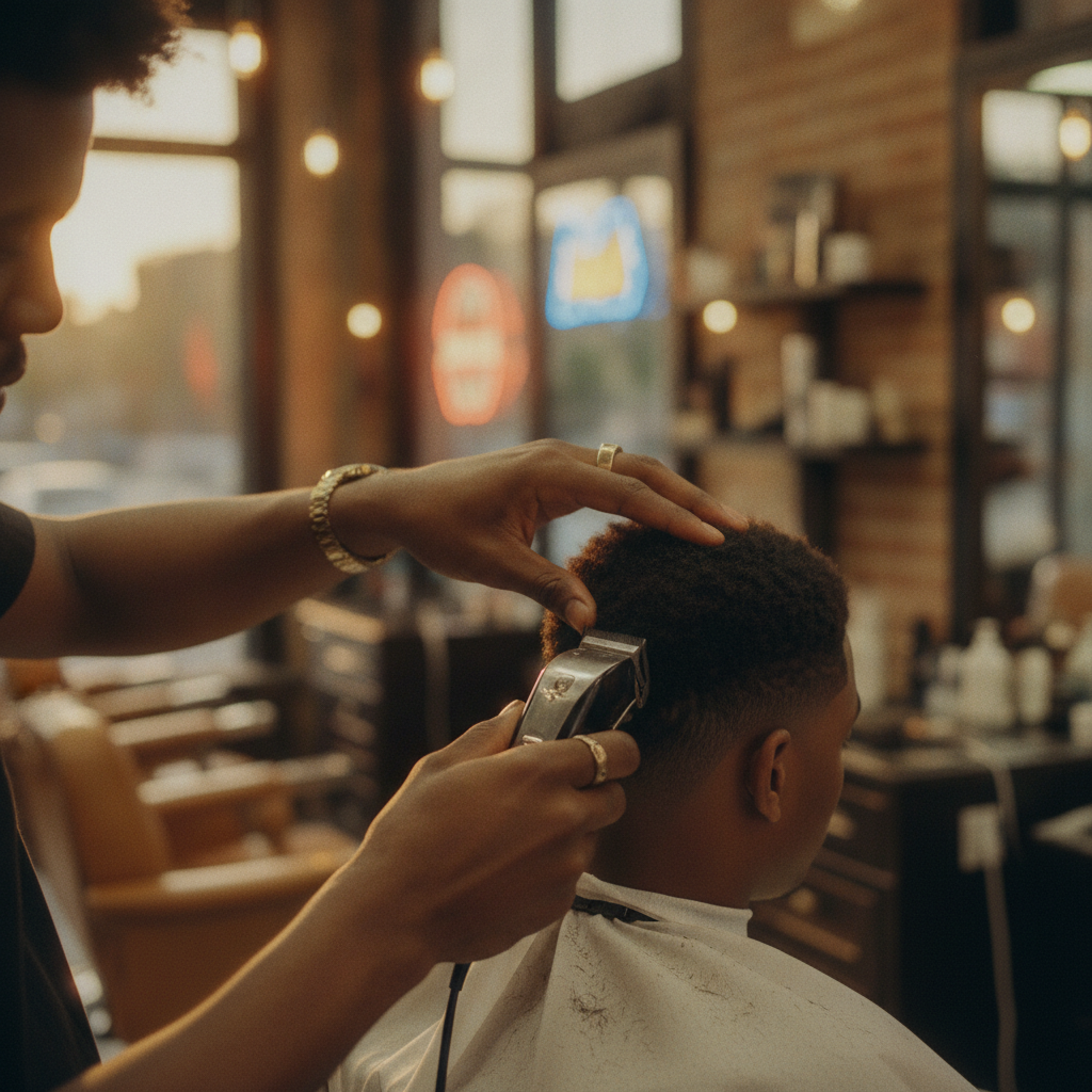 A student barber's hands working clippers through a fresh fade — close, focused, steady.